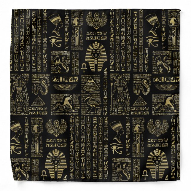Egyptian hieroglyphs and deities gold on black bandana (Front)