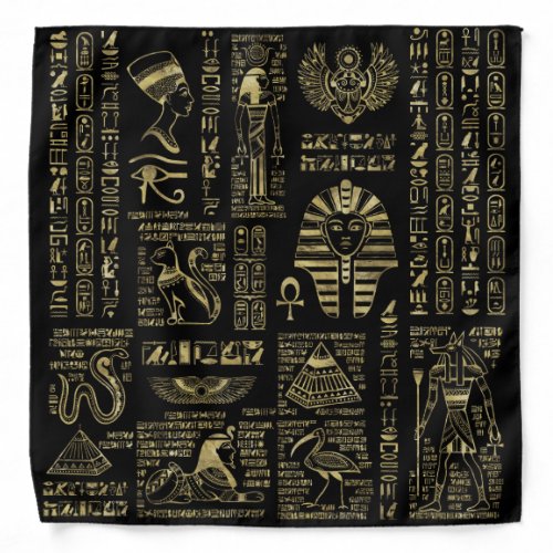 Egyptian hieroglyphs and deities gold on black bandana