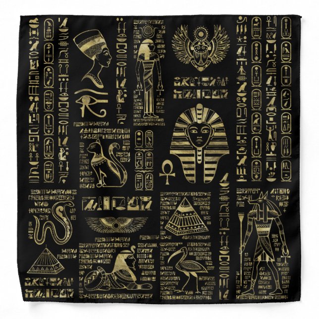 Egyptian hieroglyphs and deities gold on black bandana (Front)