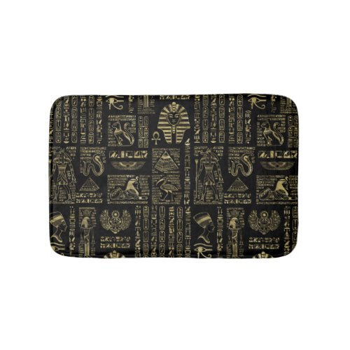 Egyptian hieroglyphs and deities gold on black bath mat