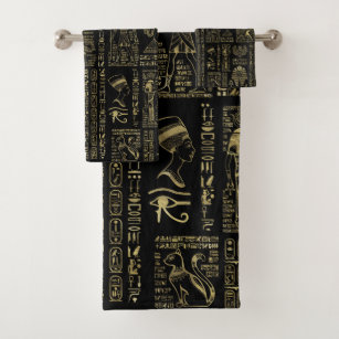 Egyptian hieroglyphs and deities gold on black bath towel set