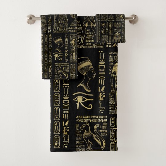 Egyptian hieroglyphs and deities gold on black bath towel set | Zazzle.com