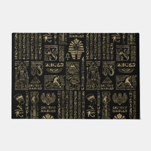 Egyptian hieroglyphs and deities gold on black doormat