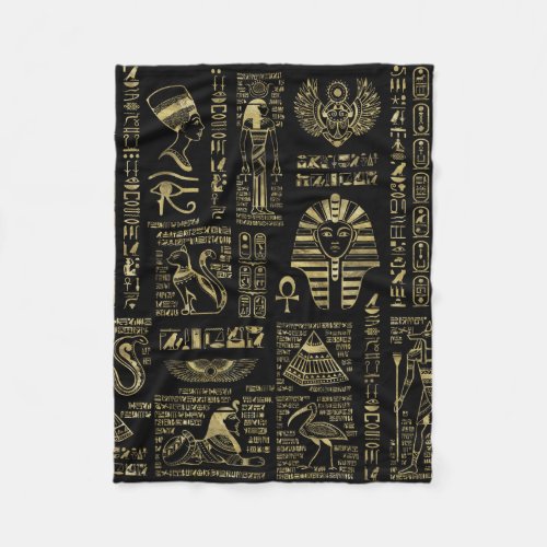 Egyptian hieroglyphs and deities gold on black fleece blanket