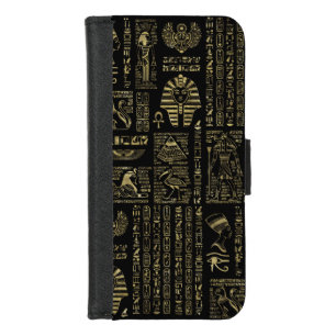 Egyptian hieroglyphs and deities gold on black iPhone 8/7 wallet case