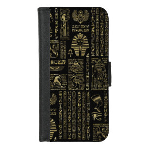 Egyptian hieroglyphs and deities gold on black iPhone 8/7 wallet case