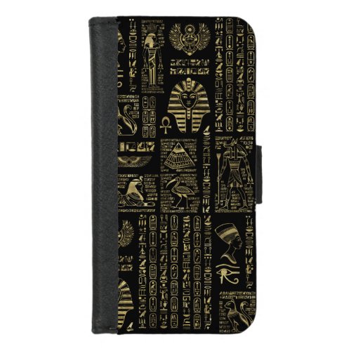 Egyptian hieroglyphs and deities gold on black iPhone 87 wallet case