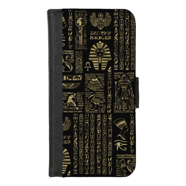 Egyptian hieroglyphs and deities gold on black iPhone wallet case (Front)