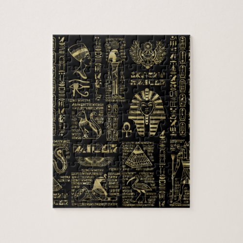 Egyptian hieroglyphs and deities gold on black jigsaw puzzle