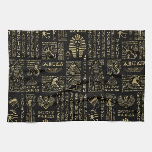 Egyptian hieroglyphs and deities gold on black kitchen towel