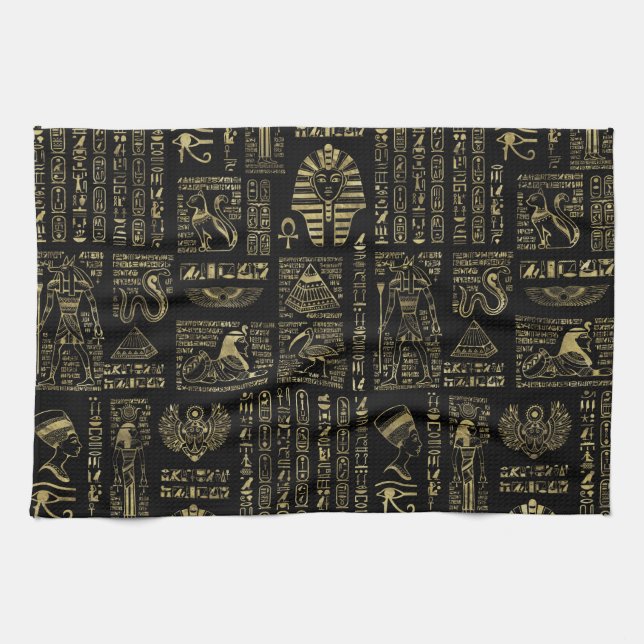 Egyptian hieroglyphs and deities gold on black kitchen towel (Horizontal)