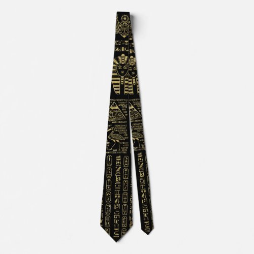 Egyptian hieroglyphs and deities gold on black neck tie