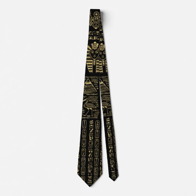 Egyptian hieroglyphs and deities gold on black neck tie (Front)