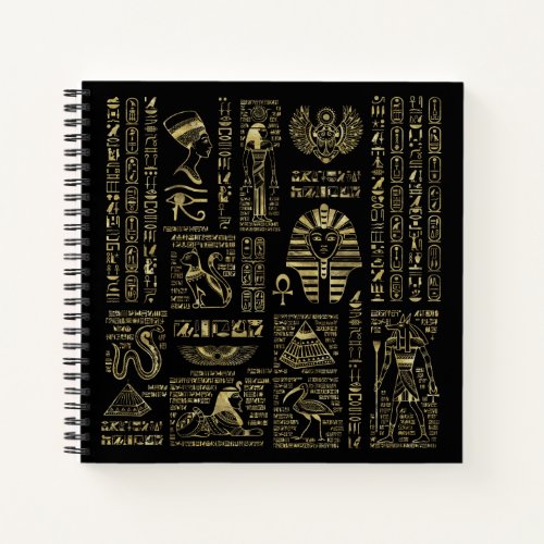 Egyptian hieroglyphs and deities gold on black notebook