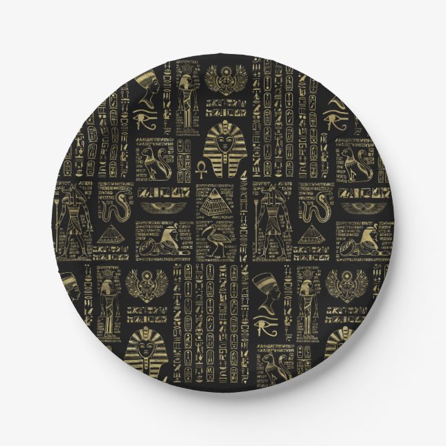 Egyptian hieroglyphs and deities gold on black paper plates (Front)