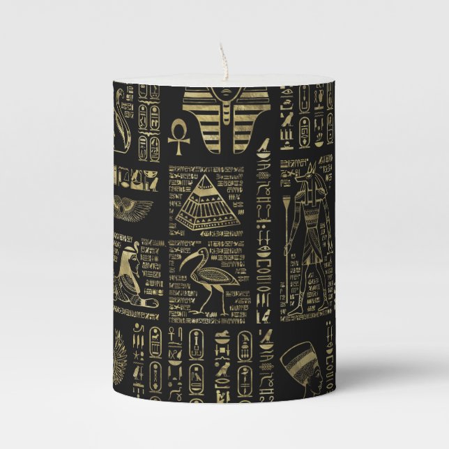 Egyptian hieroglyphs and deities gold on black pillar candle (Front)