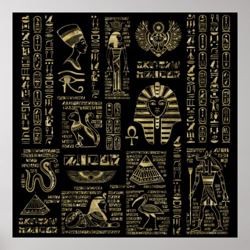 Egyptian hieroglyphs and deities gold on black poster