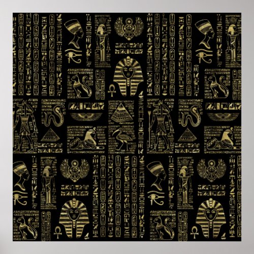 Egyptian hieroglyphs and deities gold on black poster