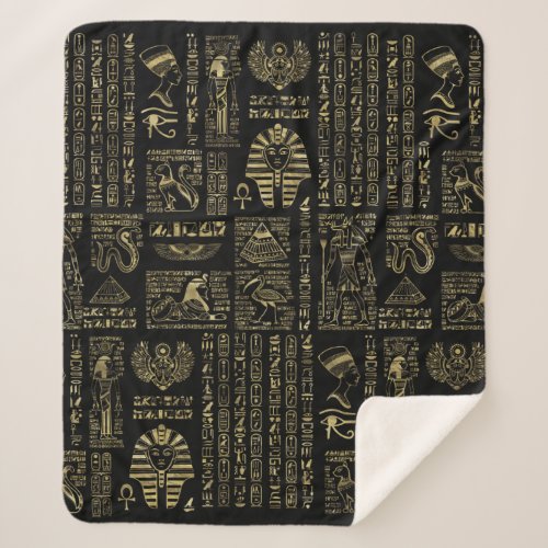 Egyptian hieroglyphs and deities gold on black sherpa blanket