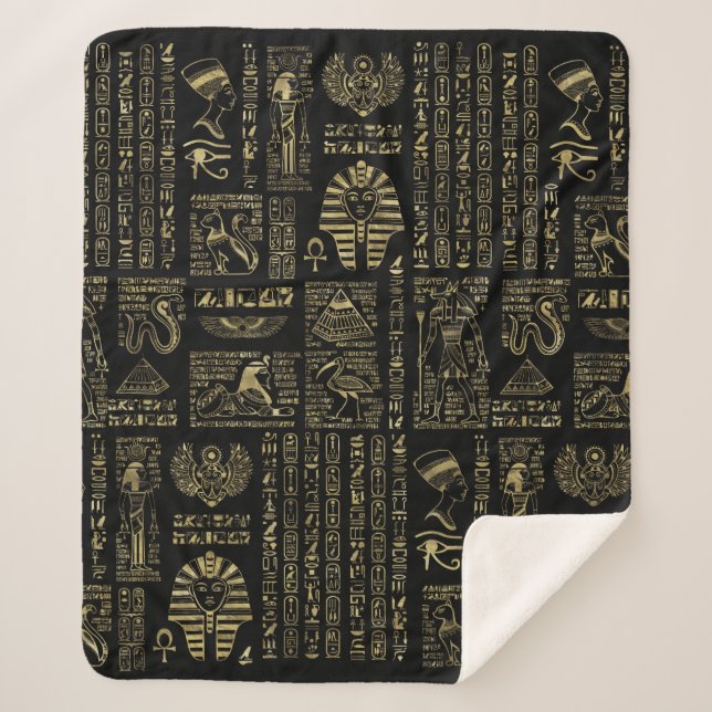 Egyptian hieroglyphs and deities gold on black sherpa blanket (Front)