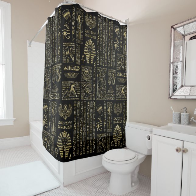 Egyptian hieroglyphs and deities gold on black shower curtain (In Situ)