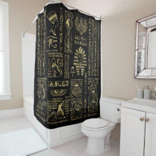 Egyptian hieroglyphs and deities gold on black shower curtain