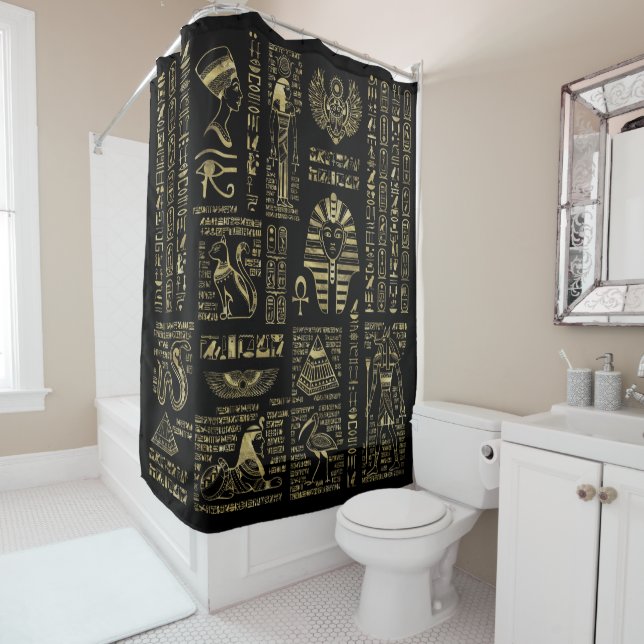 Egyptian hieroglyphs and deities gold on black shower curtain (In Situ)