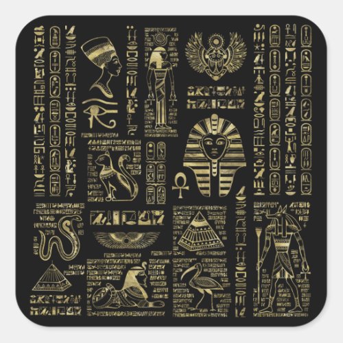 Egyptian hieroglyphs and deities gold on black square sticker