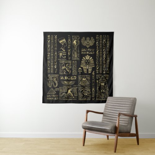 Egyptian hieroglyphs and deities gold on black tapestry