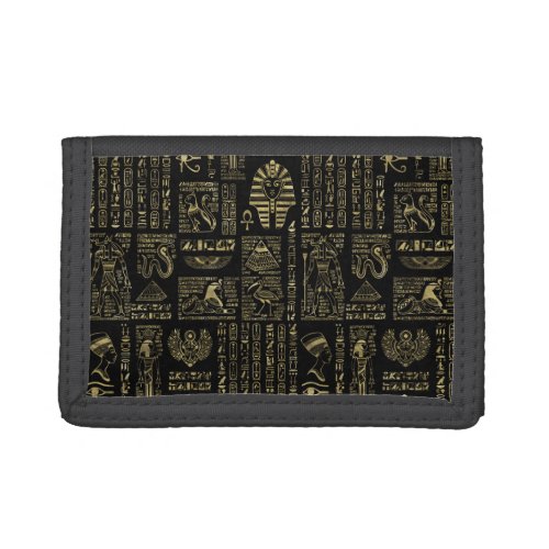 Egyptian hieroglyphs and deities gold on black trifold wallet