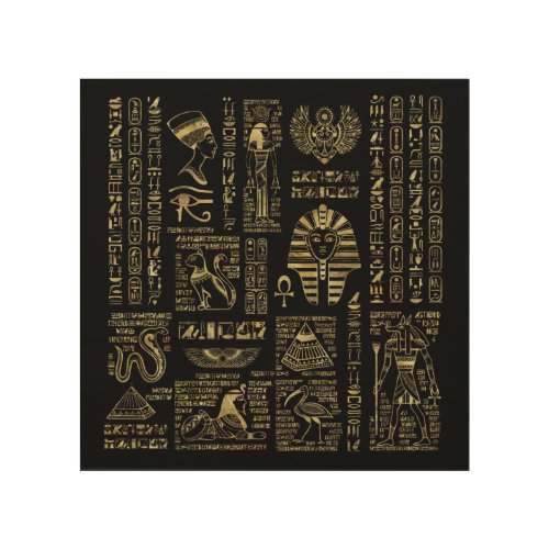 Egyptian hieroglyphs and deities gold on black wood wall art