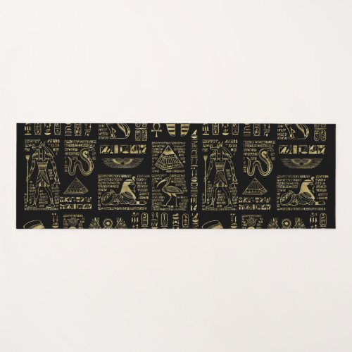 Egyptian hieroglyphs and deities gold on black yoga mat