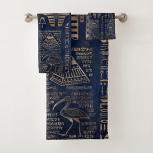 Egyptian hieroglyphs and deities-gold on marble bath towel set