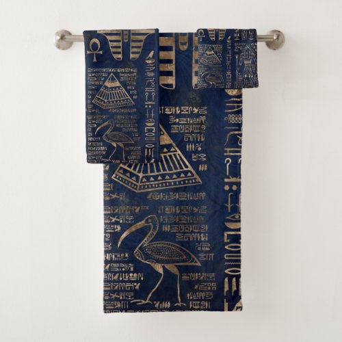 Egyptian hieroglyphs and deities_gold on marble bath towel set