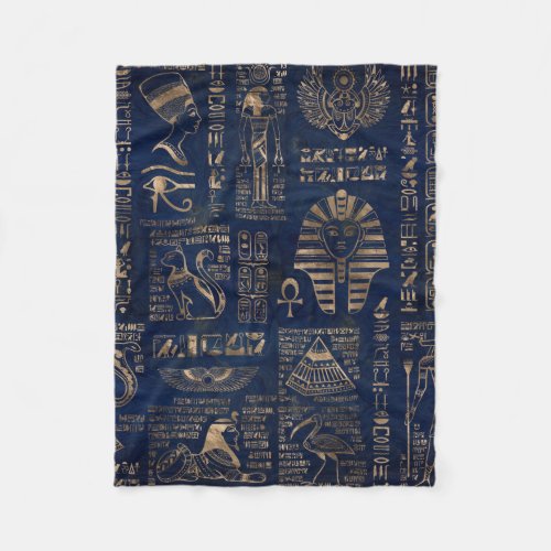 Egyptian hieroglyphs and deities_gold on marble fleece blanket