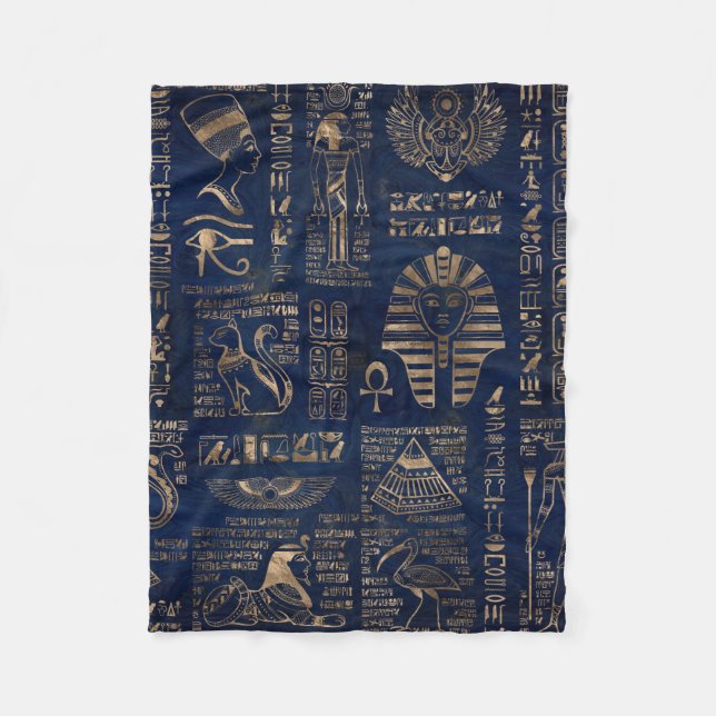 Egyptian hieroglyphs and deities-gold on marble fleece blanket (Front)