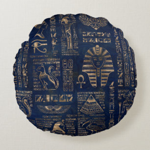 Egyptian hieroglyphs and deities-gold on marble round pillow