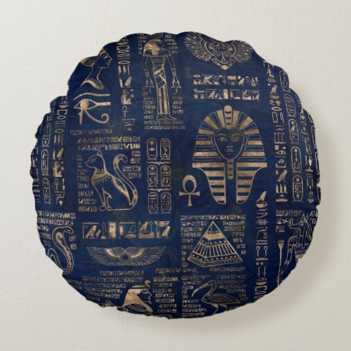 Egyptian hieroglyphs and deities_gold on marble round pillow