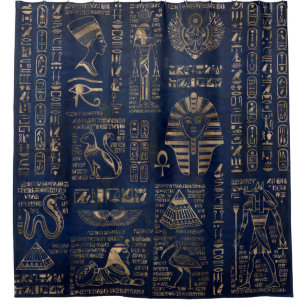 Egyptian hieroglyphs and deities-gold on marble shower curtain