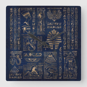 Egyptian hieroglyphs and deities-gold on marble square wall clock