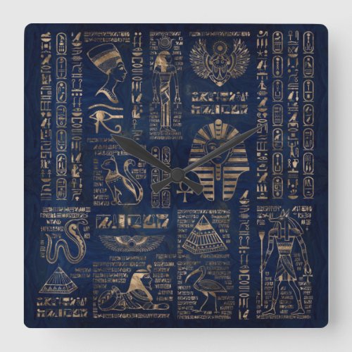 Egyptian hieroglyphs and deities_gold on marble square wall clock