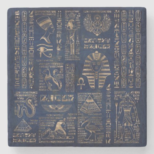 Egyptian hieroglyphs and deities_gold on marble stone coaster