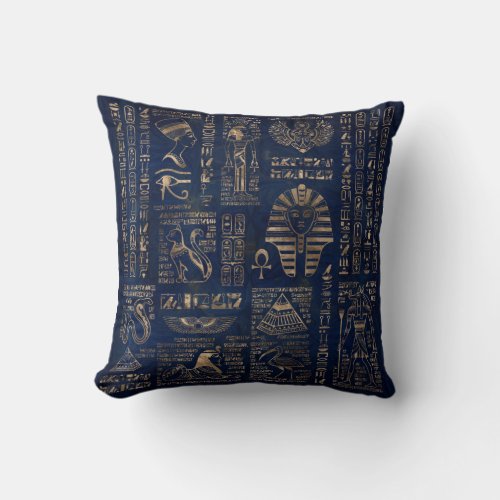 Egyptian hieroglyphs and deities_gold on marble throw pillow