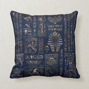 Egyptian hieroglyphs and deities-gold on marble throw pillow