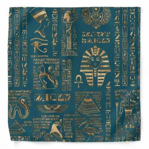 Egyptian hieroglyphs and deities _ Gold on teal Bandana