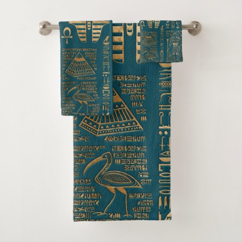 Egyptian hieroglyphs and deities _ Gold on teal Bath Towel Set