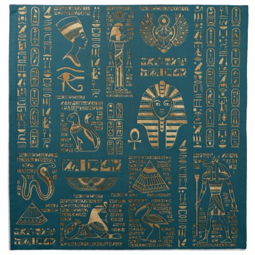 Egyptian hieroglyphs and deities _ Gold on teal Cloth Napkin