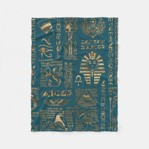 Egyptian hieroglyphs and deities _ Gold on teal Fleece Blanket
