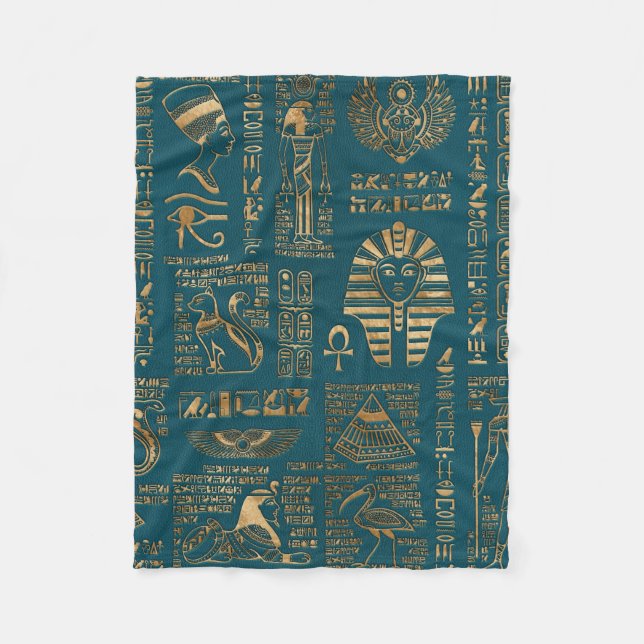 Egyptian hieroglyphs and deities - Gold on teal Fleece Blanket (Front)