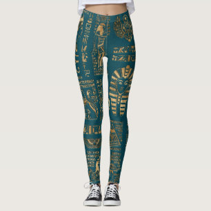 Egyptian hieroglyphs and deities - Gold on teal Leggings